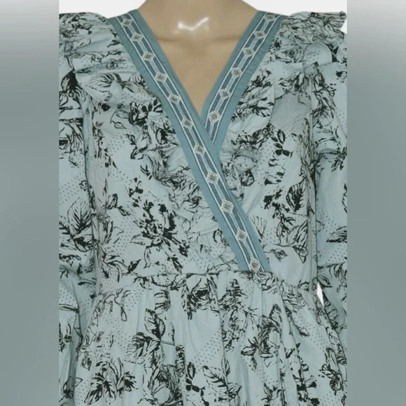 ANTHROPOLOGIE Light Blue and Black Floral Long Sleeve Mini Ruffled Dress XXS - Picture 3 of 5